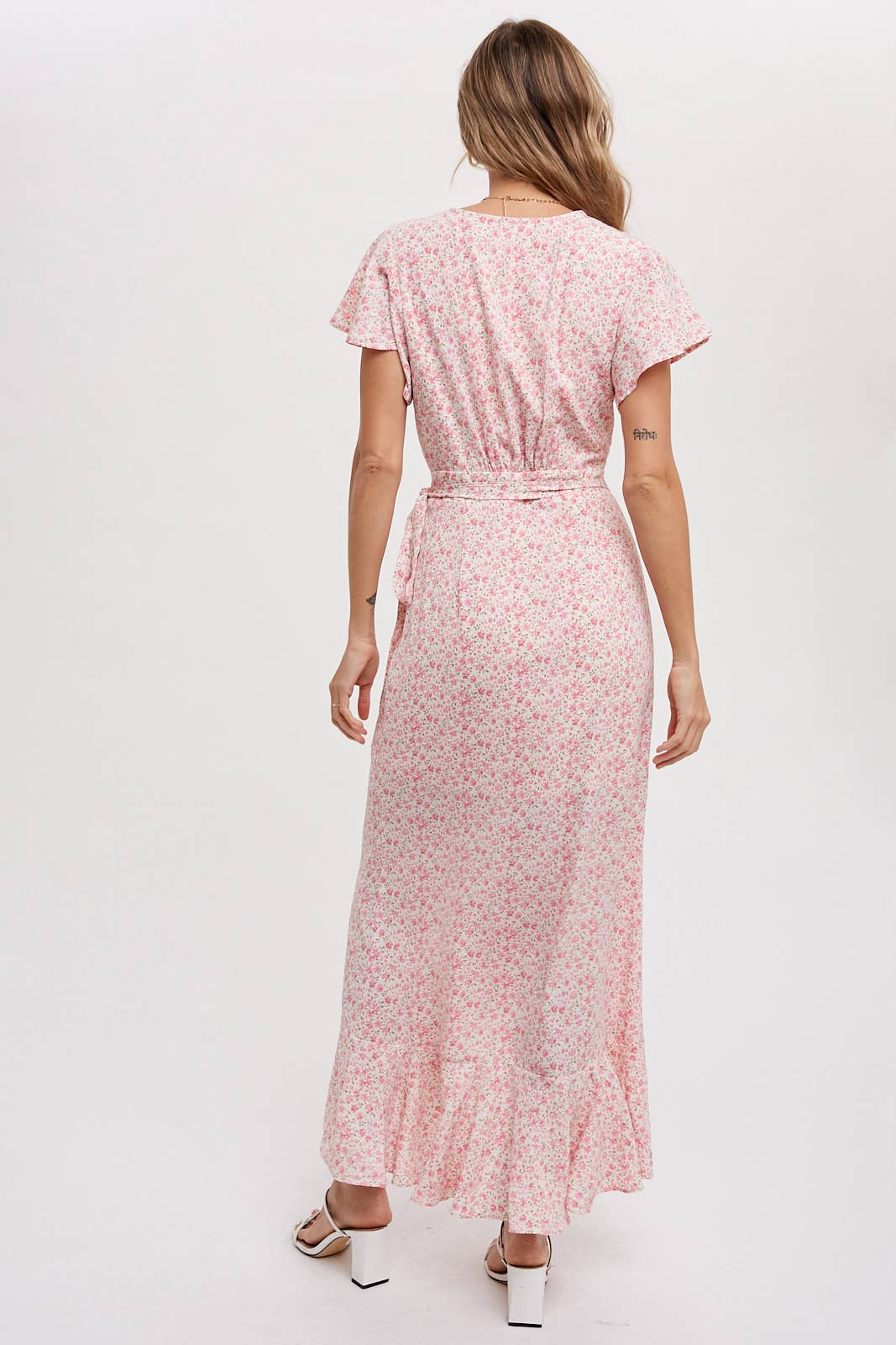 PRINT RUFFLE HEM MAXI WRAP DRESS