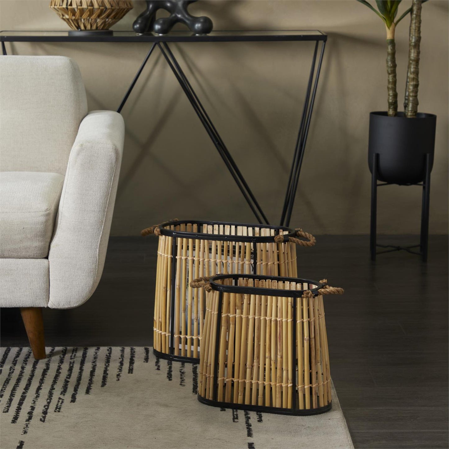 Brown Wicker Wood Handmade Slatted Frame Decorative and Functional Storage Basket with Handles