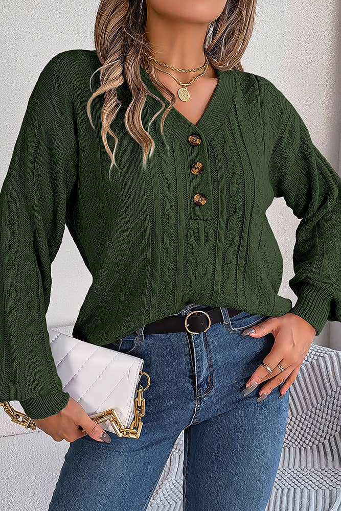Buttoned V Neck Pullover Cable Knit Sweater