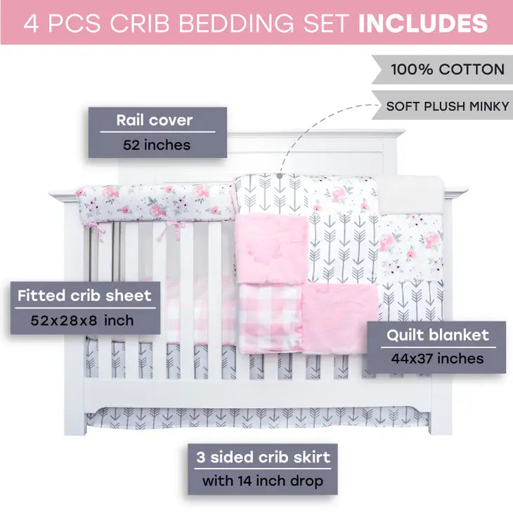 Pink Floral 4 Piece Crib Bedding Set