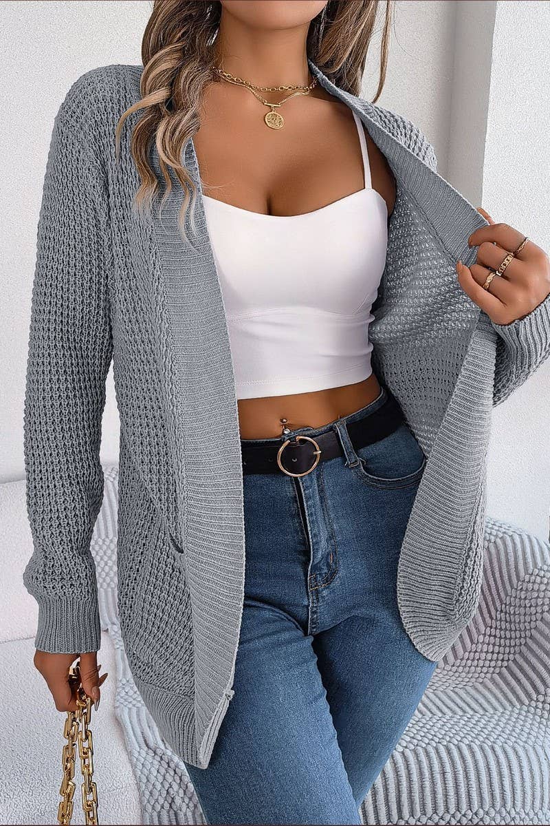 WOMEN CHUNKY WAFFLE KNIT OPEN FRONT CARDIGAN