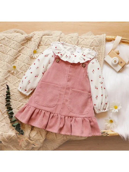 2pcs Cherry Corduroy Romper Set 9-12