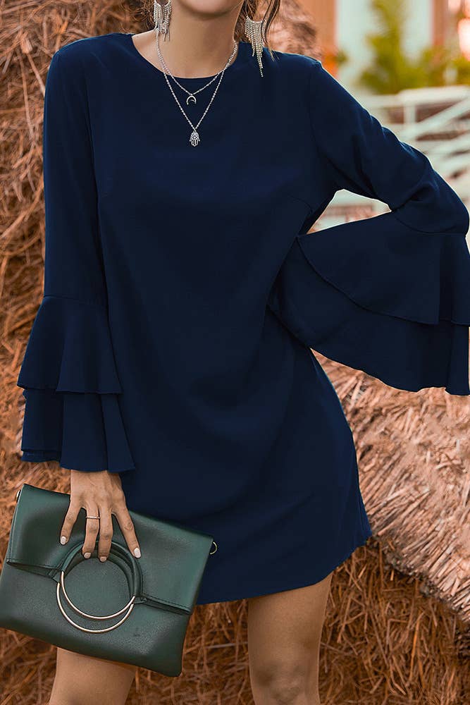 Navy Trumpet Ruffle Sleeves Mini Dress