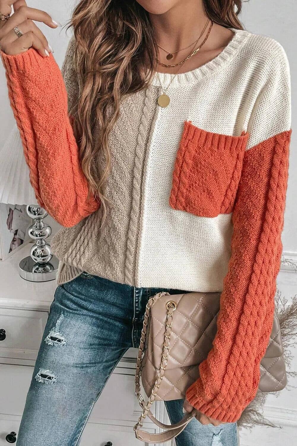 CASUAL PATCHWORK POCKET PULLOVER SWEATER