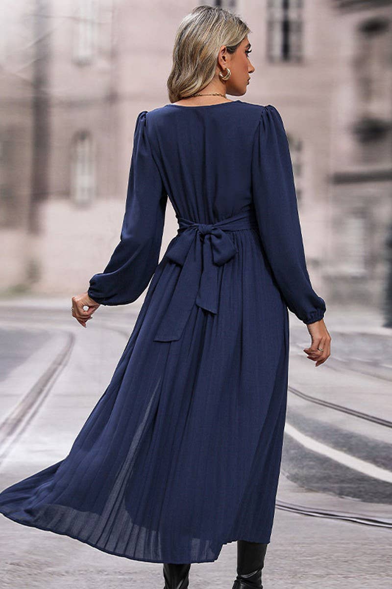 WOMEN LOOSE FIT V NECK LONG SLEEVE SLIT DRESS