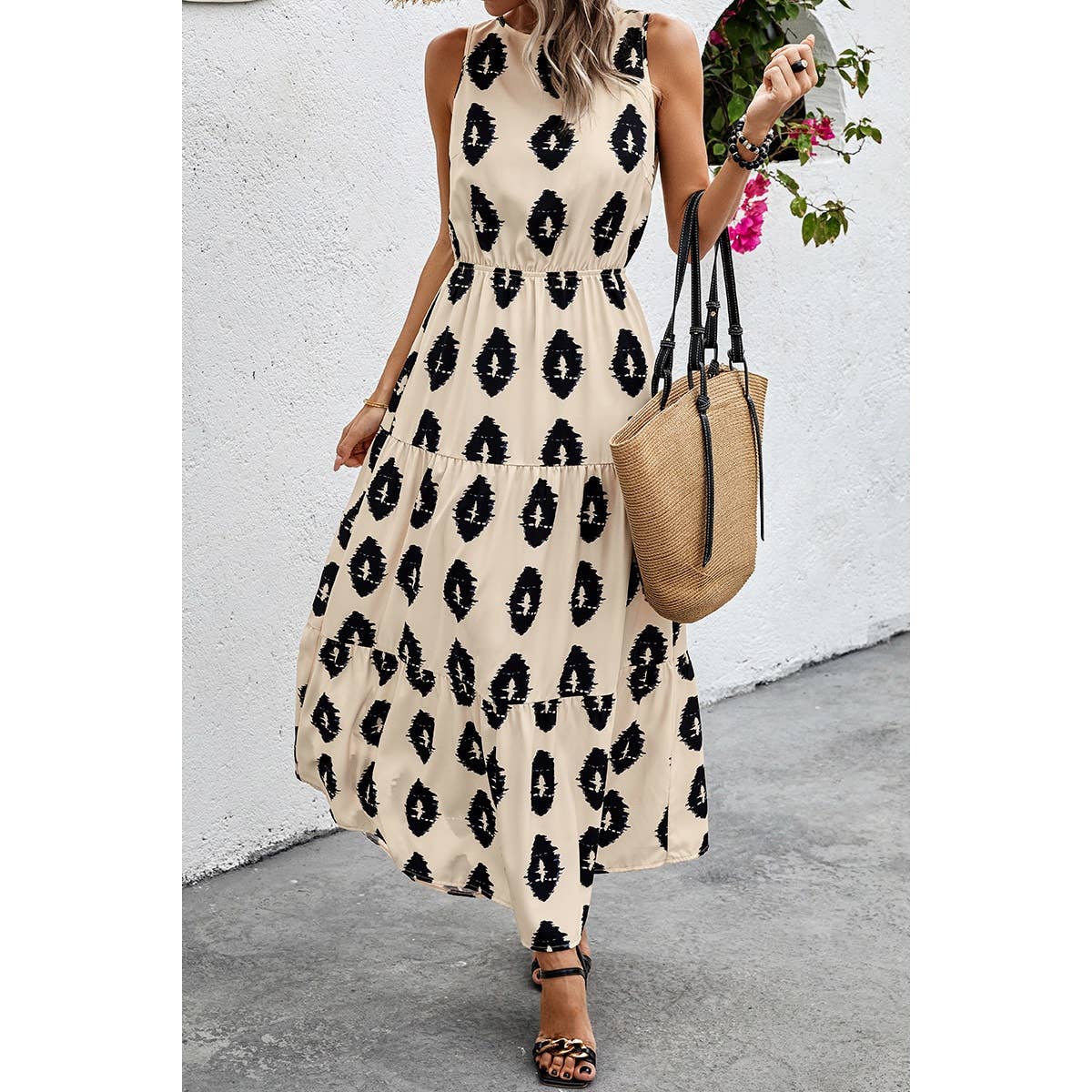 Sleeveless Printed Elastic Waist Ruffle Full Dress