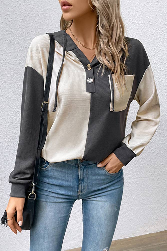 Colorblock Buttoned Hoody Sweatshirt