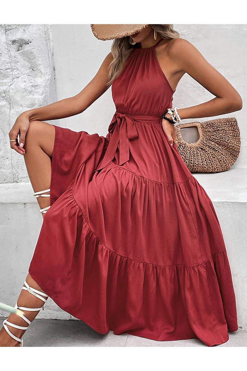 TIED WAIST TIERED HALTER DRESS