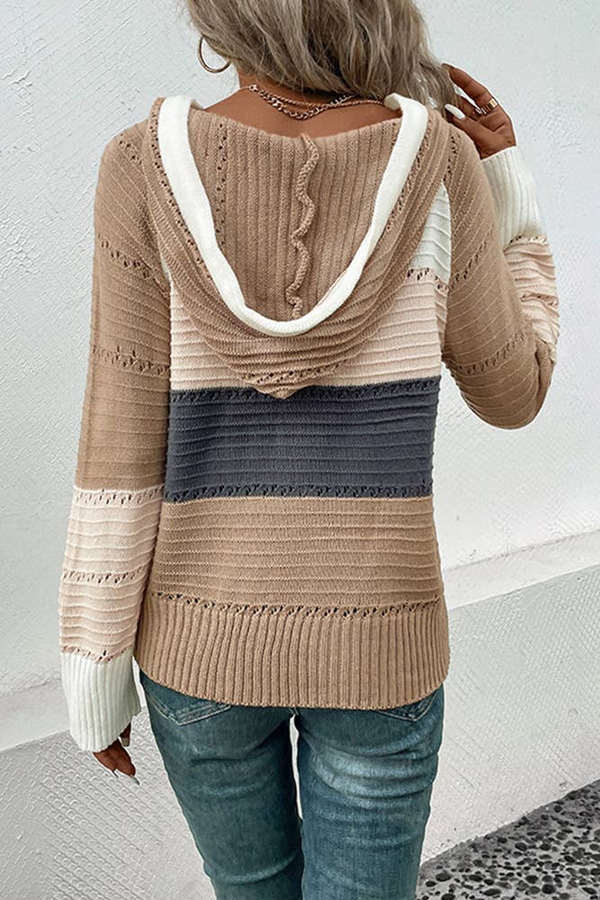 Striped Drawstring Hooded Knitting Sweater