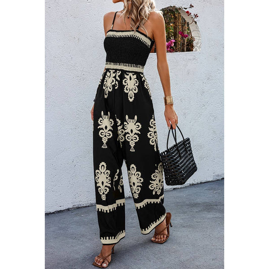 Ruched Printed High Waist Jumpsuit