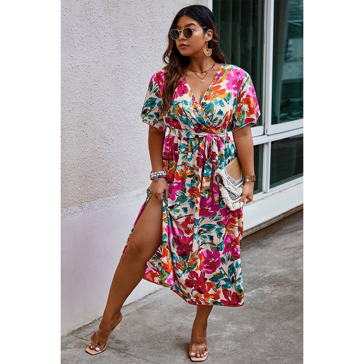 Plus Size Floral Print Cross Belt Fit Dress