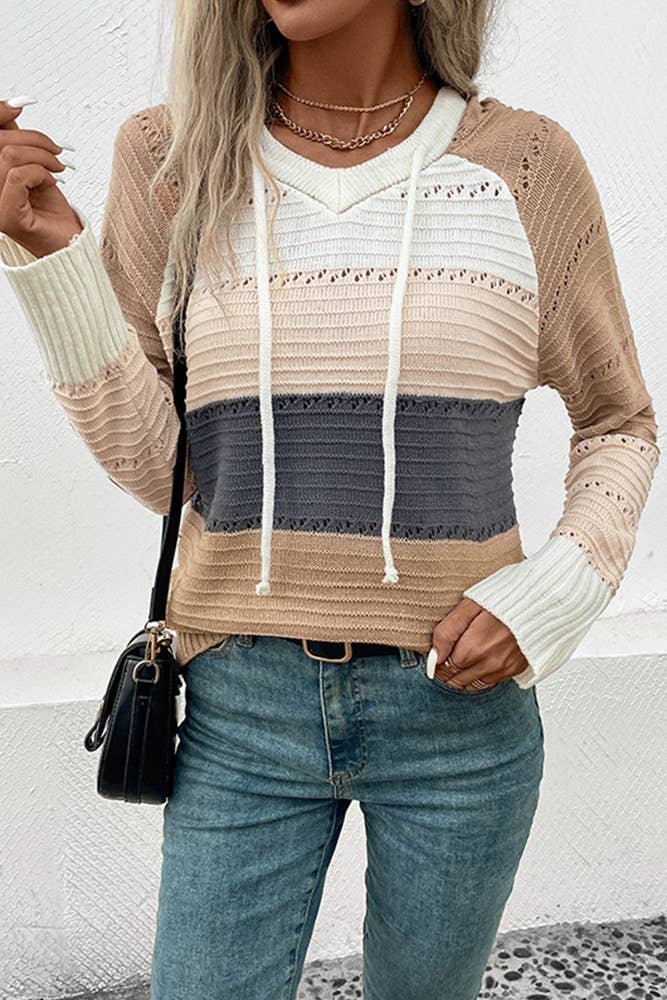 Striped Drawstring Hooded Knitting Sweater