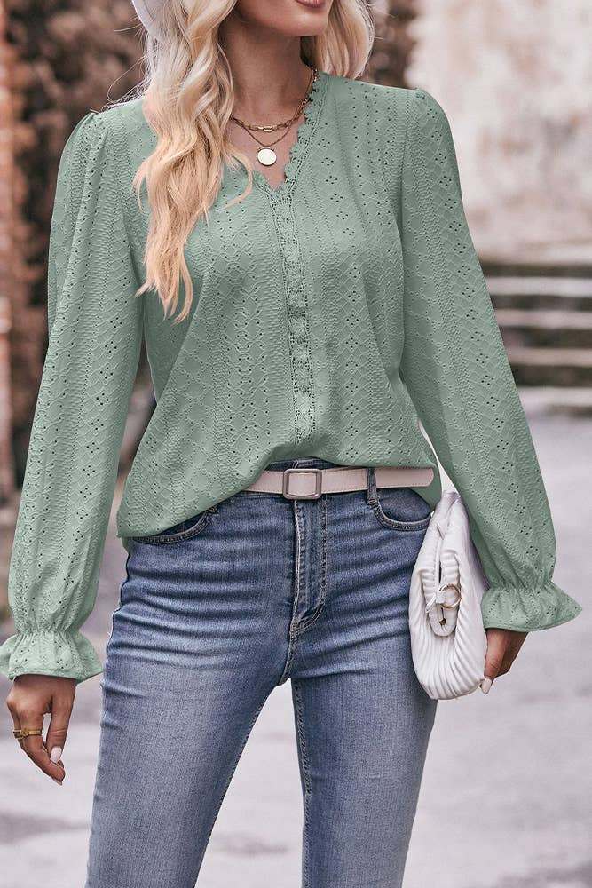 Eyelet Lace Blouse Crochet Puff Sleeves Top