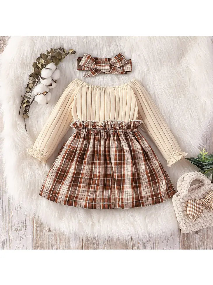 2pcs Kahki and Brown Plaid Dress w Headband - 18-24