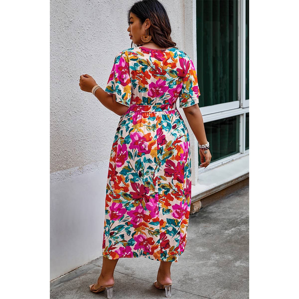 Plus Size Floral Print Cross Belt Fit Dress