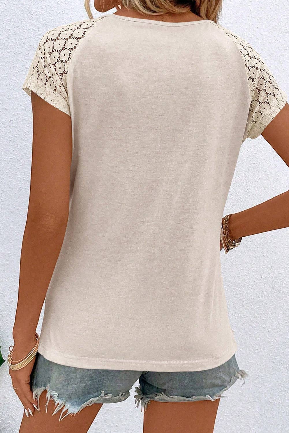 White  Lace Sleeve Keyhole Decor Top