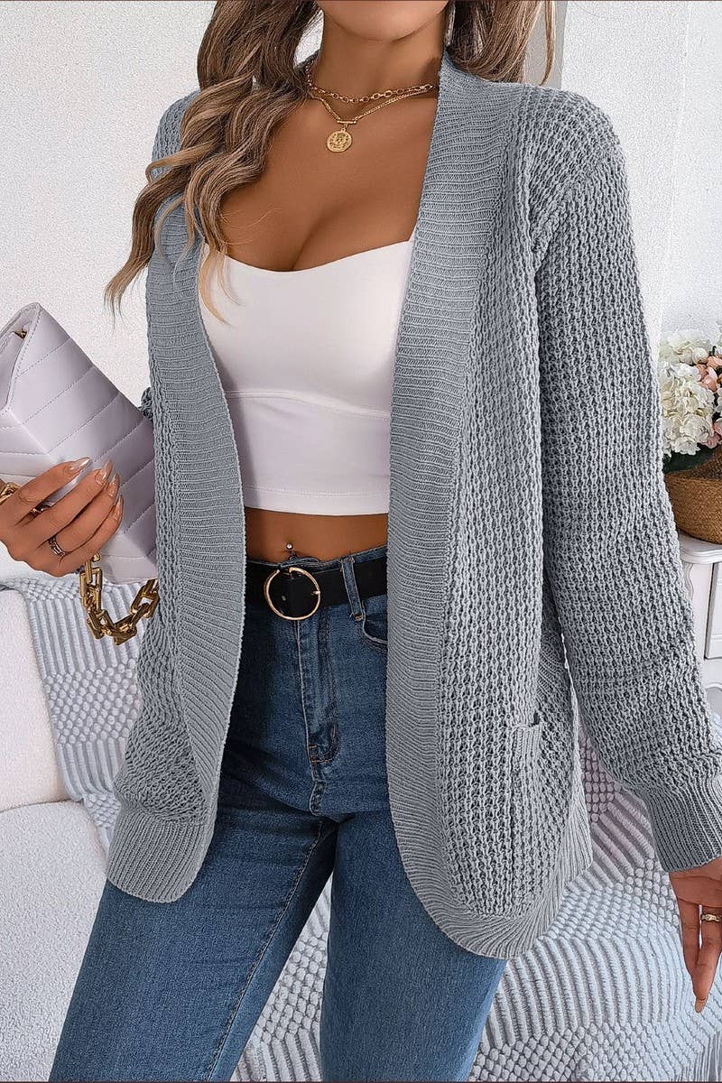 WOMEN CHUNKY WAFFLE KNIT OPEN FRONT CARDIGAN