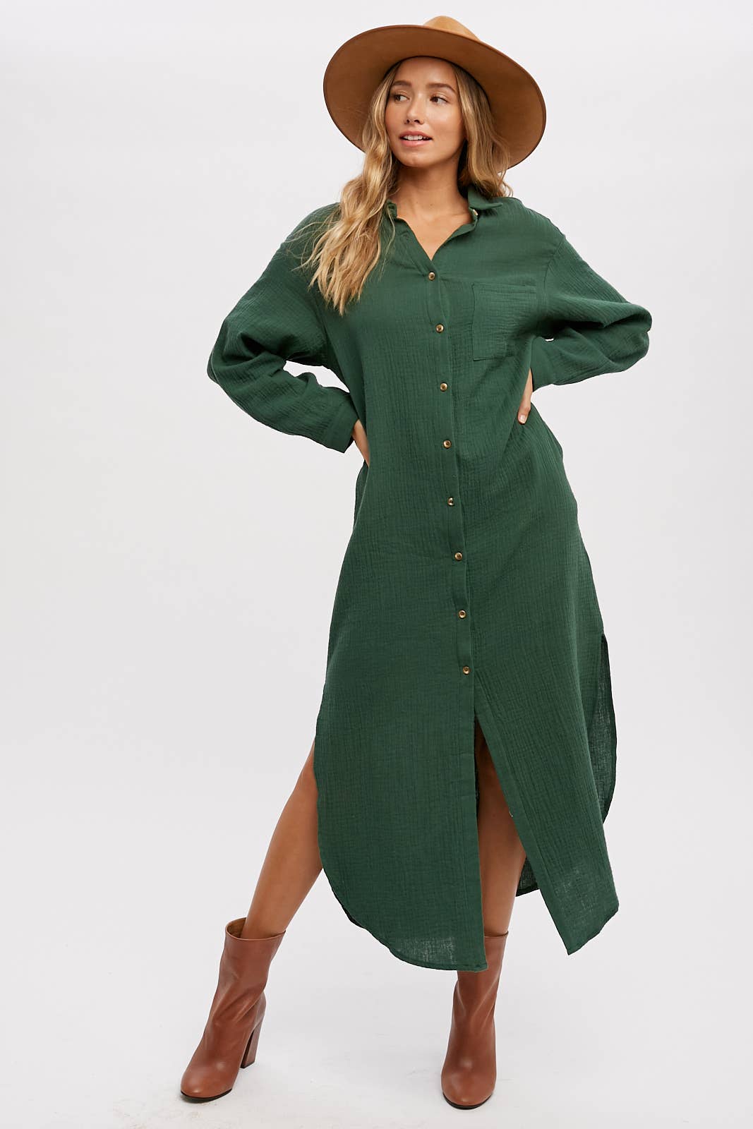 BUTTON UP MAXI SHIRT DRESS WITH POCKET