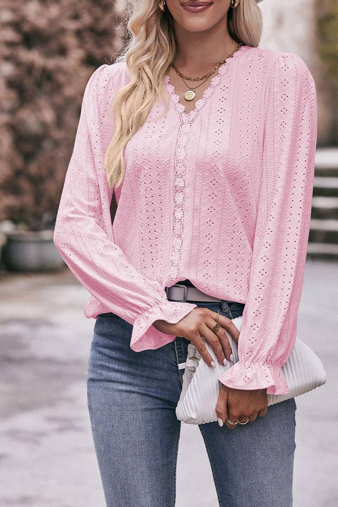 Eyelet Lace Blouse Crochet Puff Sleeves Top