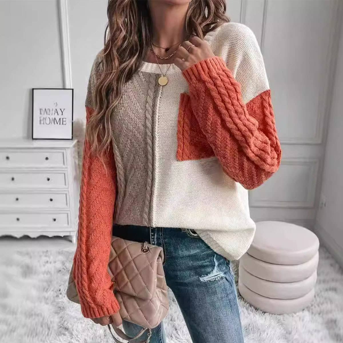 CASUAL PATCHWORK POCKET PULLOVER SWEATER