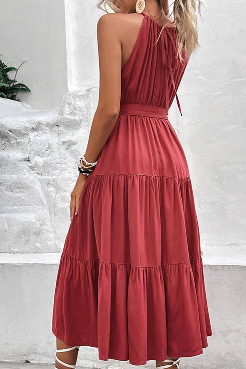 TIED WAIST TIERED HALTER DRESS