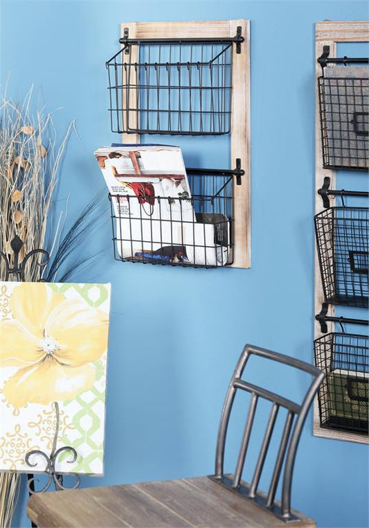 BLACK METAL 2 SLOTS MAGAZINE RACK HOLDER WITH SUSPENDED BASKETS