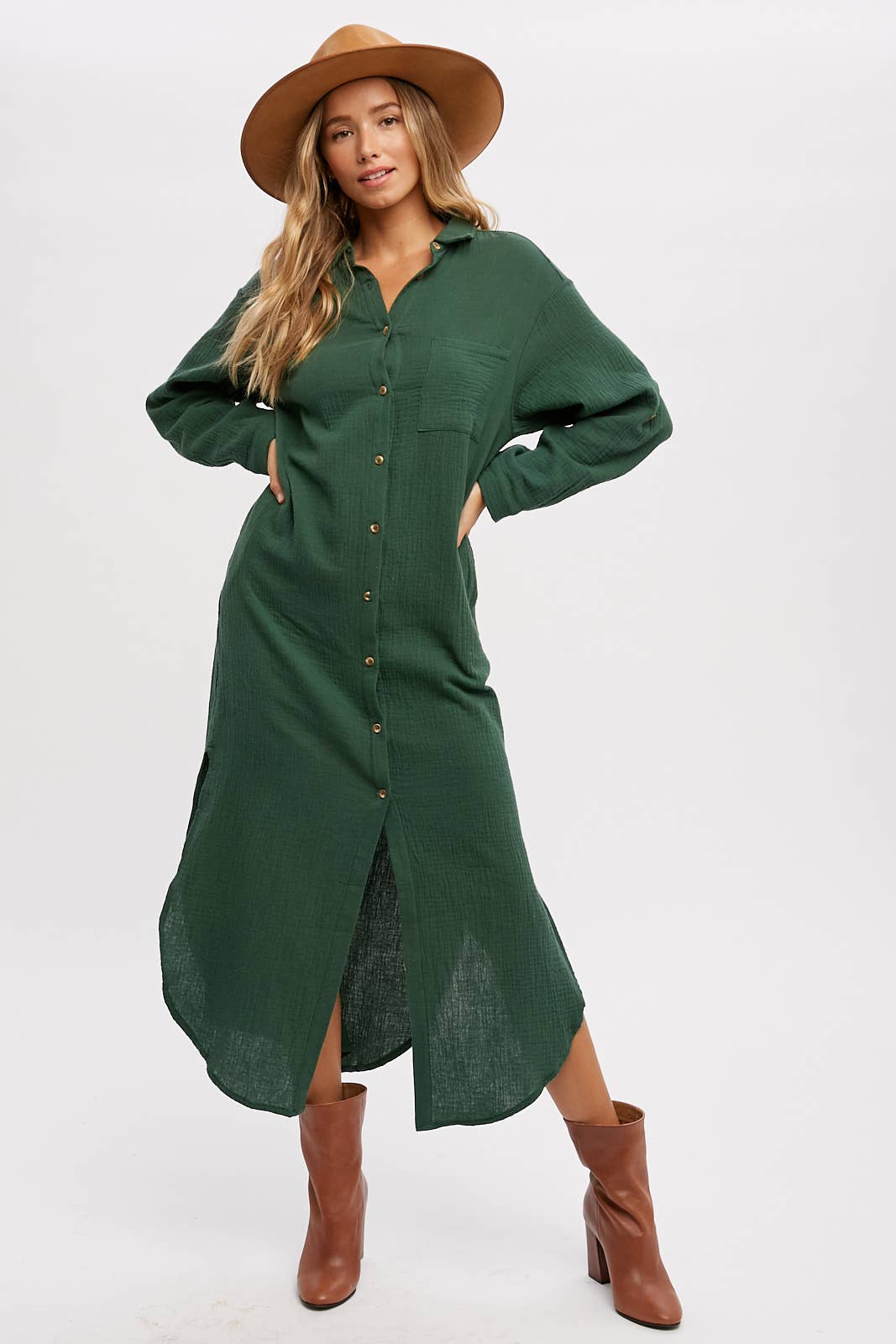 BUTTON UP MAXI SHIRT DRESS WITH POCKET