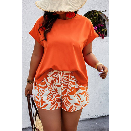 Plus Size Solid Round Neck Shirt Print Shorts Set