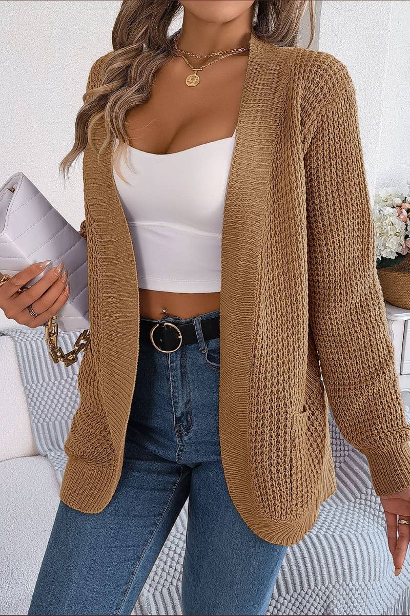 WOMEN CHUNKY WAFFLE KNIT OPEN FRONT CARDIGAN