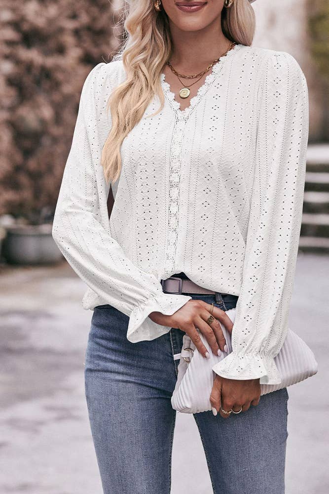 Eyelet Lace Blouse Crochet Puff Sleeves Top