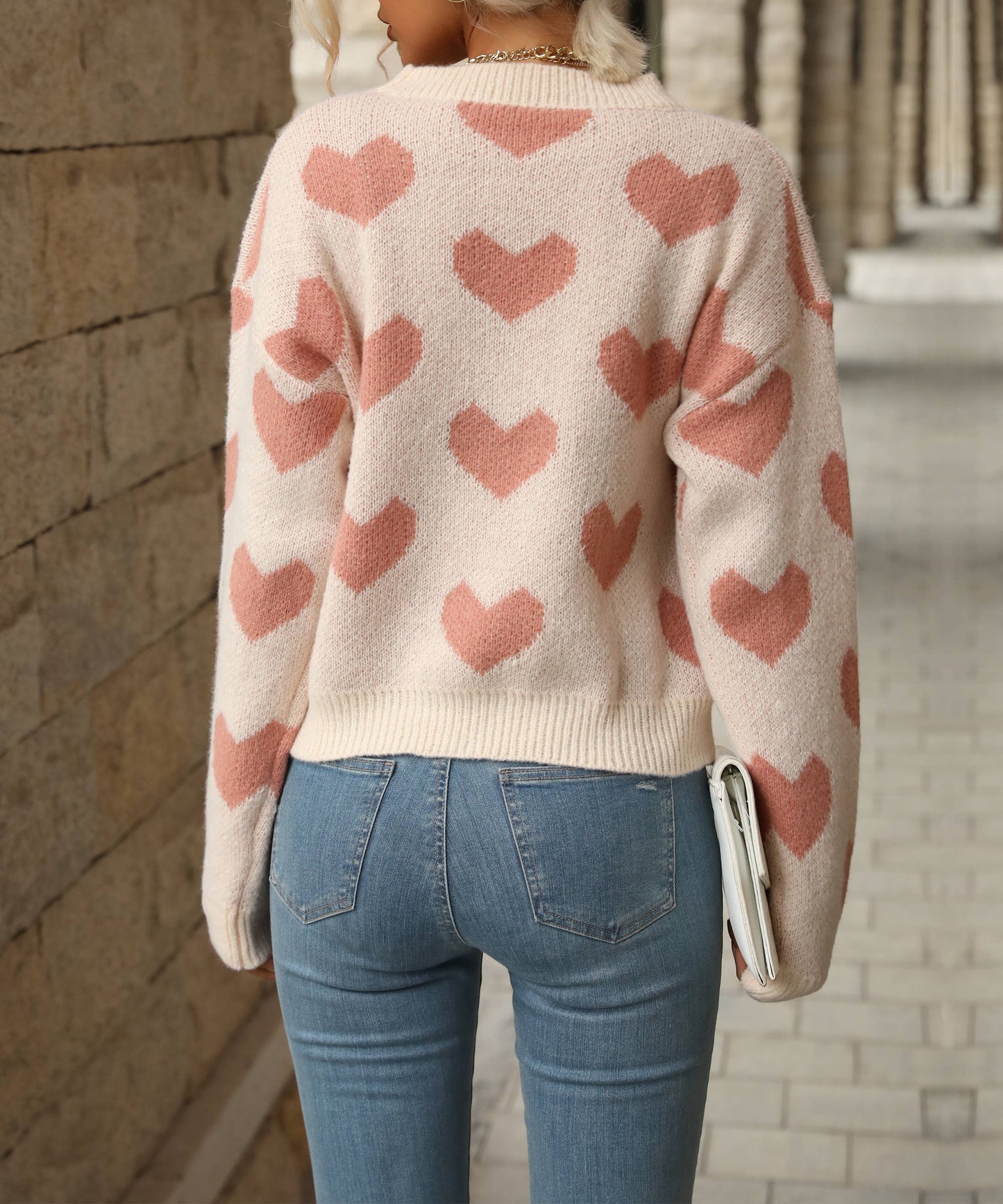 Valentine Pink Heart Pattern Knitting Soft Pullover Sweater