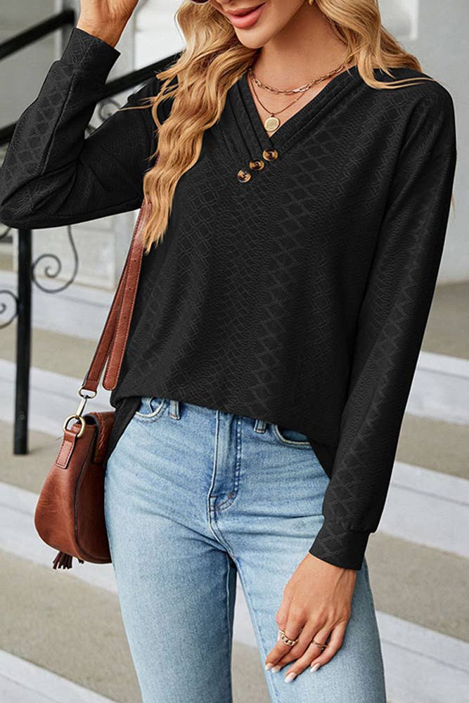 Solid V Neck Buttoned Jacquard Fall Blouse Top