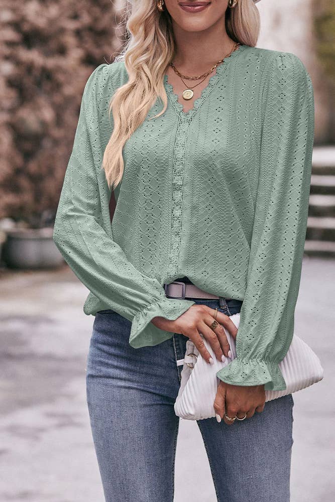 Eyelet Lace Blouse Crochet Puff Sleeves Top