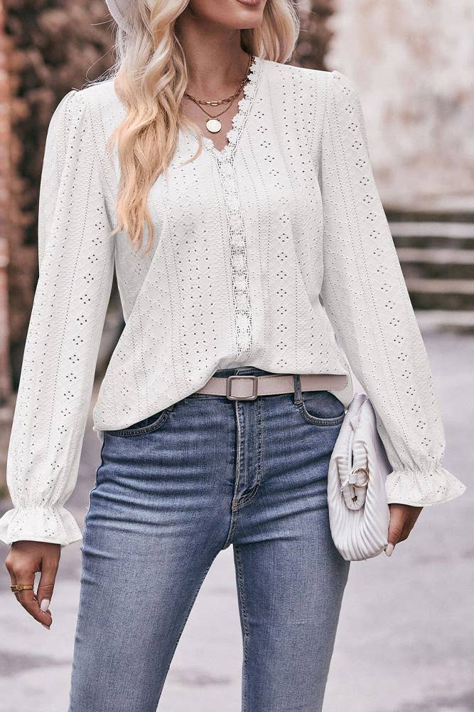 Eyelet Lace Blouse Crochet Puff Sleeves Top