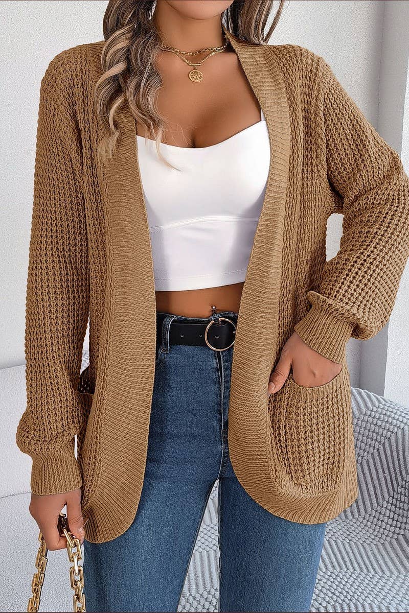 WOMEN CHUNKY WAFFLE KNIT OPEN FRONT CARDIGAN