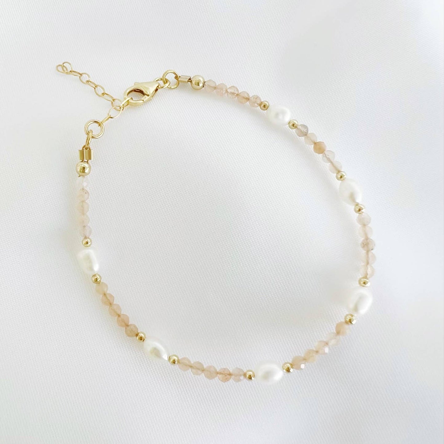 Peach Moonstone Freshwater Pearl Gold Filled Bracelet