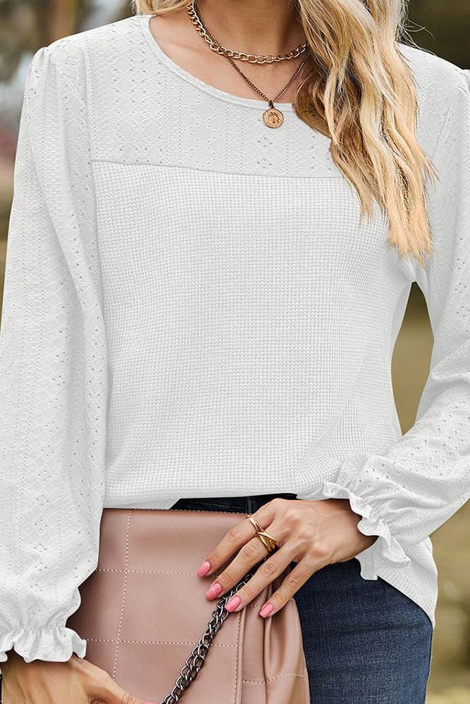 Solid Waffle Knit Long Sleeves Top