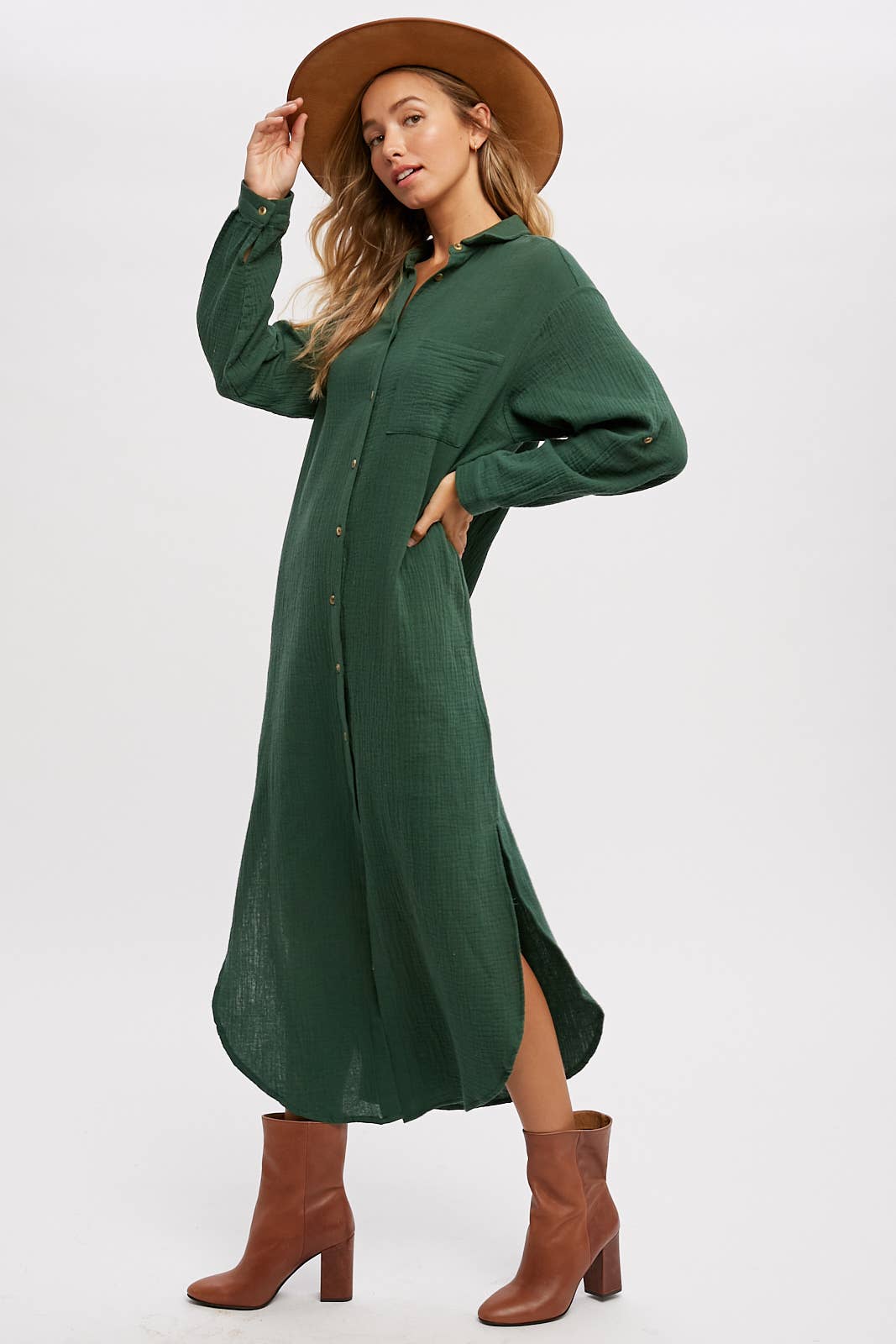 BUTTON UP MAXI SHIRT DRESS WITH POCKET