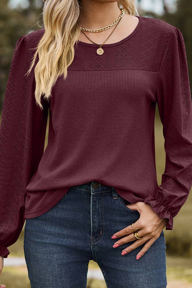 Solid Waffle Knit Long Sleeves Top