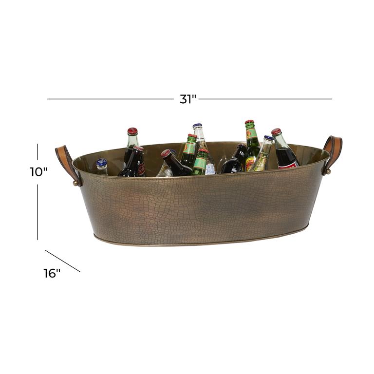 BRONZE METAL LONG ICE BUCKET WITH LEATHER STRAP HANDLES