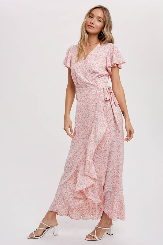 DITSY PRINT RUFFLE HEM MAXI WRAP DRESS