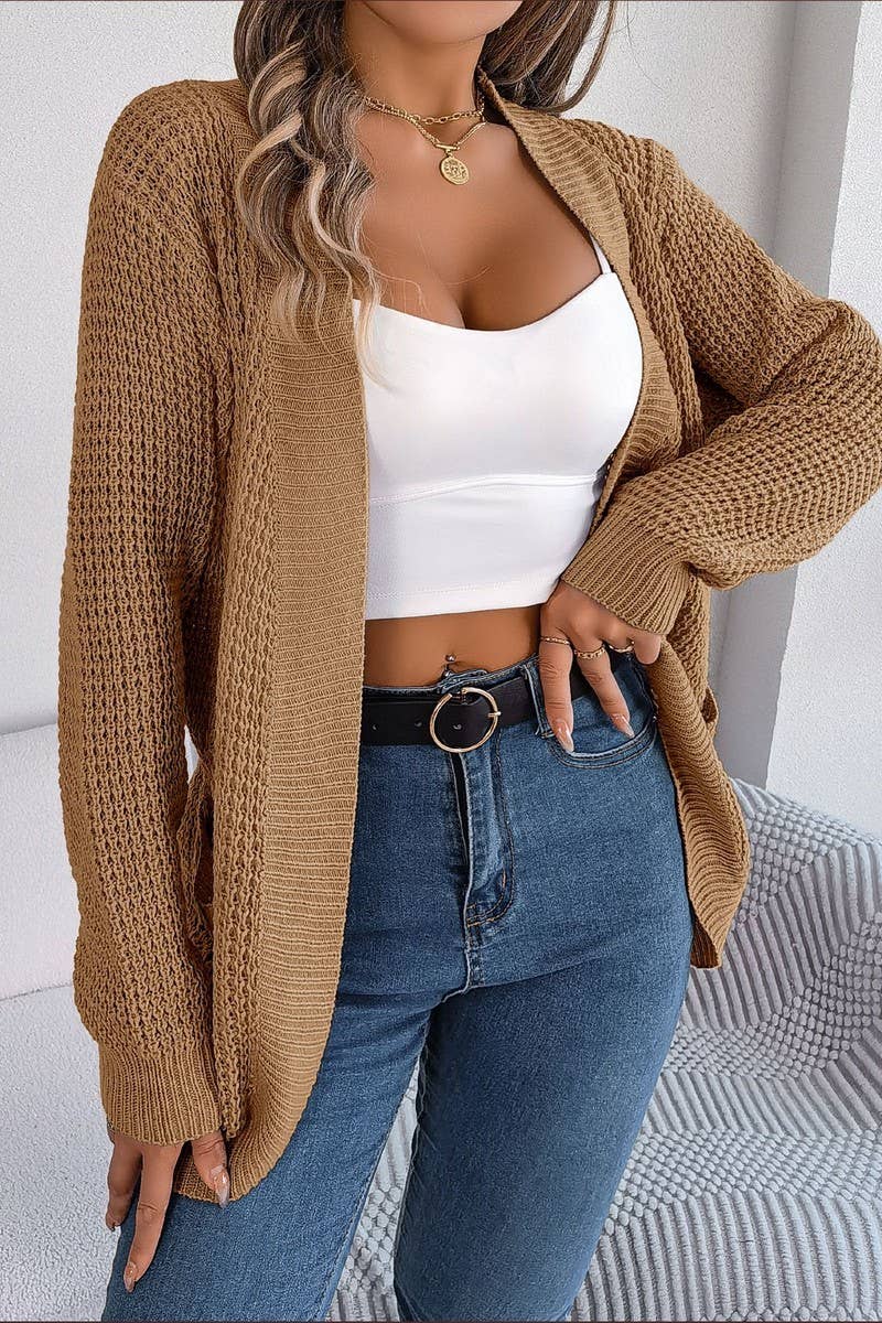 WOMEN CHUNKY WAFFLE KNIT OPEN FRONT CARDIGAN