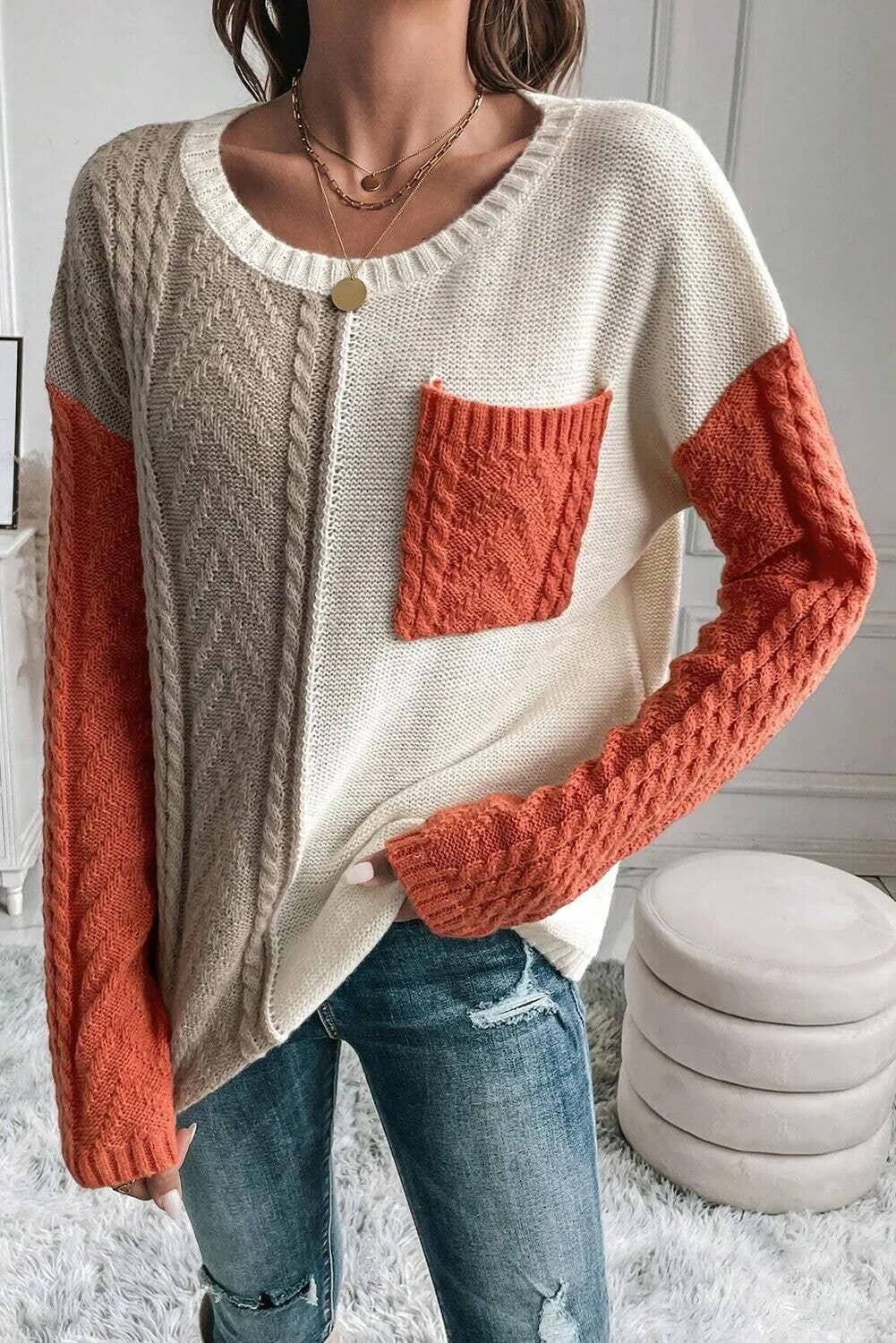 CASUAL PATCHWORK POCKET PULLOVER SWEATER