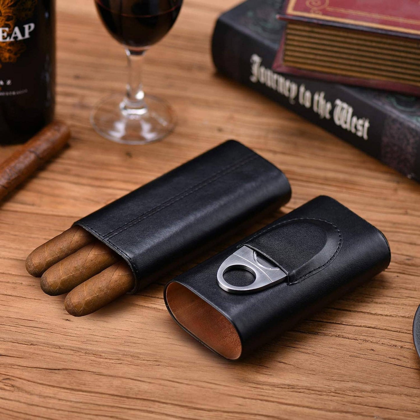 Genuine Leather Cigar Case, Wood Lined Humidor with Cutter