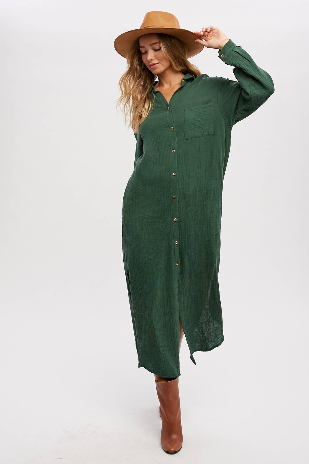 BUTTON UP MAXI SHIRT DRESS WITH POCKET