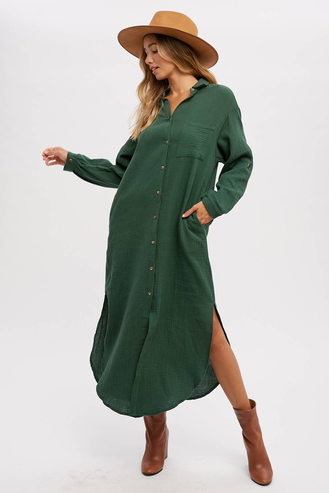 BUTTON UP MAXI SHIRT DRESS WITH POCKET