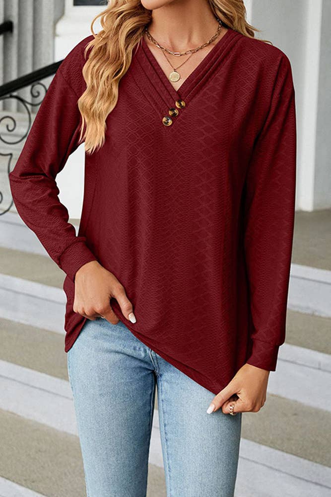 Solid V Neck Buttoned Jacquard Fall Blouse Top