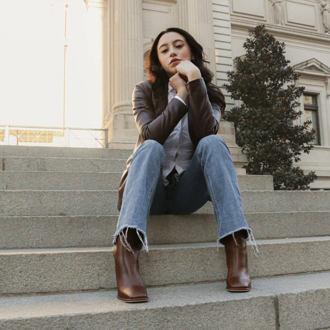 Indigo heeled ankle boots in tan leather