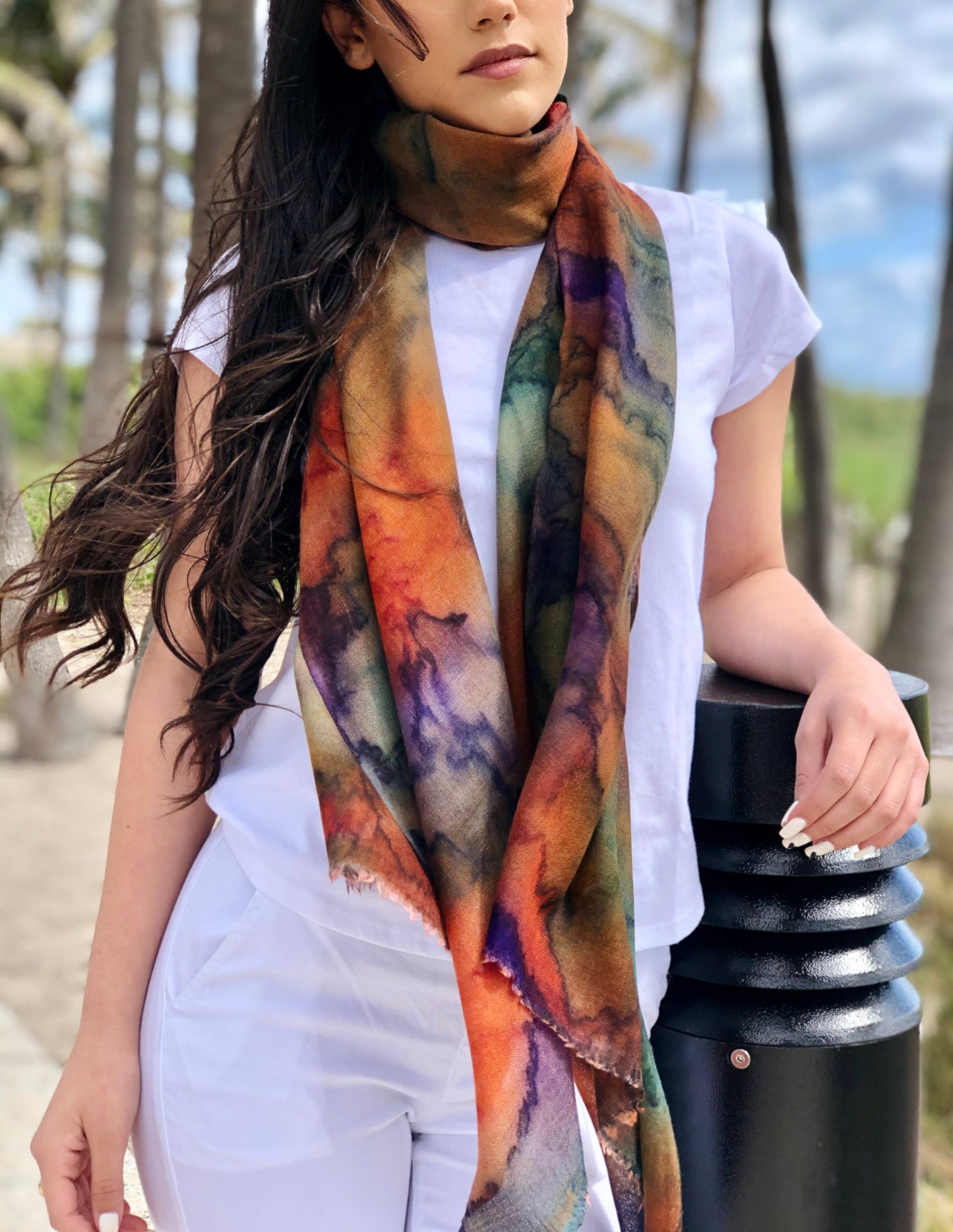 Hand Painted Orange and Purple Watercolor Wool & Silk Scarf