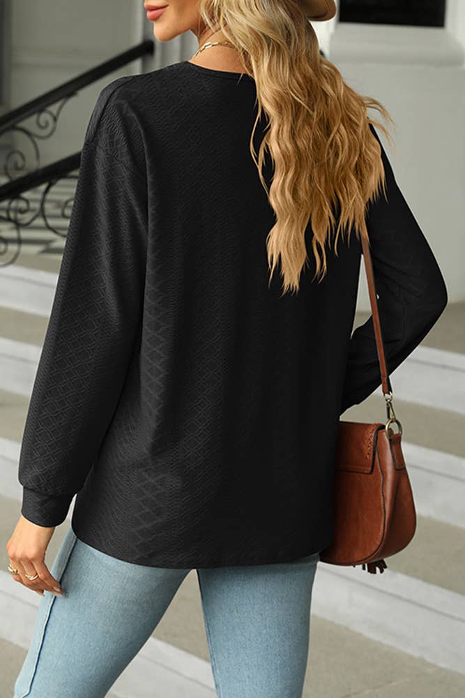 Solid V Neck Buttoned Jacquard Fall Blouse Top